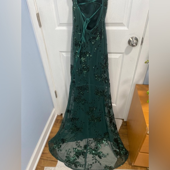Lulu’s Valhalla Forest Green Sequin Lace-Up Maxi Dress Size Large - Picture 11 of 16
